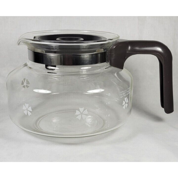 VTG Mr Coffee Glass Carafe 10 Cup E-40 White Daisies Replacement Brown Handle - Picture 1 of 13